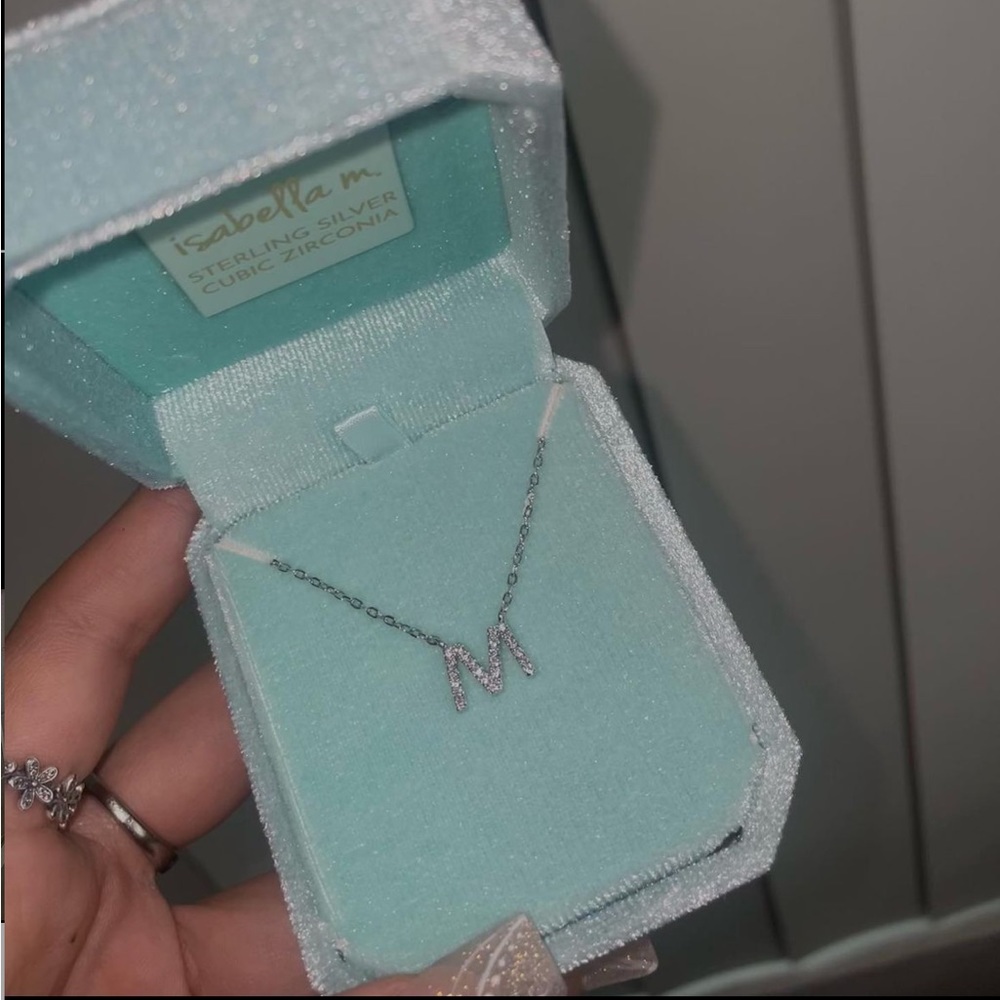 Silver Necklace with initial  “M” ☁️